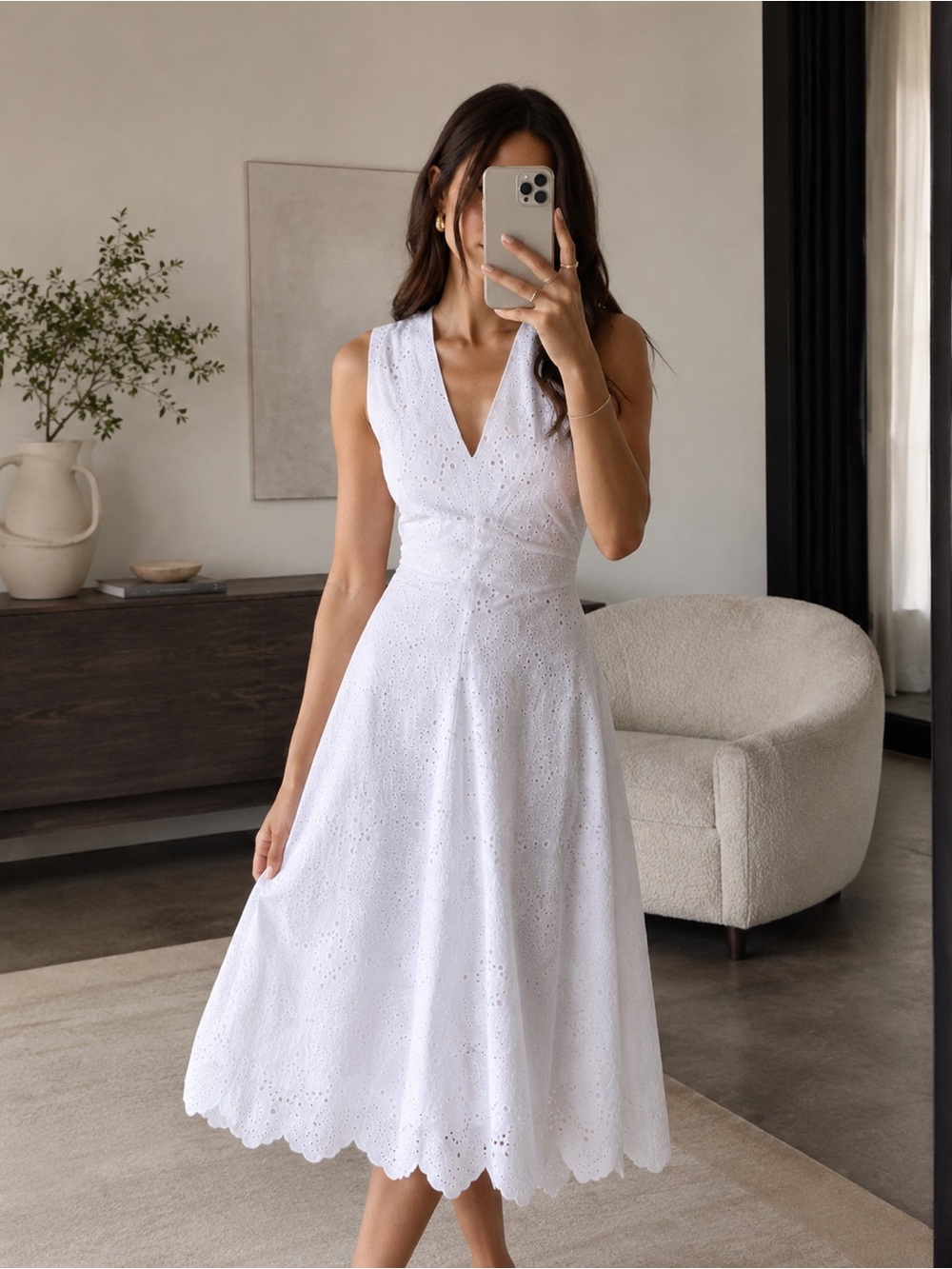 Veronica Beard Aven White Eyelet Midi Dress Cotton Size 2